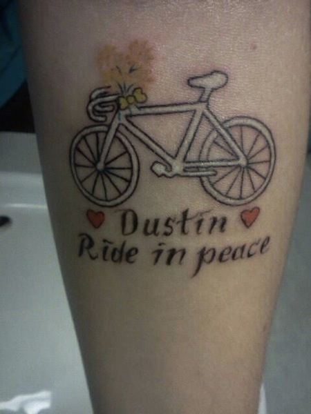 Nice Cycle With Dustin Ride In Peace Memorial Cycle Tattoo On Leg