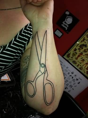 Outline Scissor Craft Tattoo On Left Arm