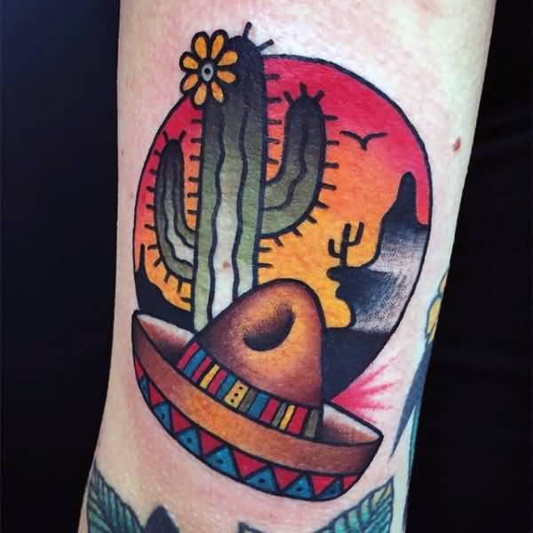 Saguaro With Desert And Mexican Hat In Circle Traditional Tattoo