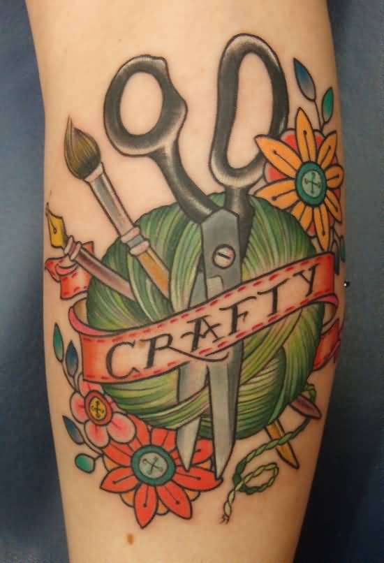 Scissor With Green Yarn And Scissor Craft Tattoo