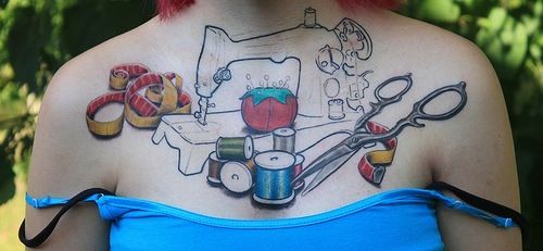 Sewing Machine Craft Tattoo On Girl Chest