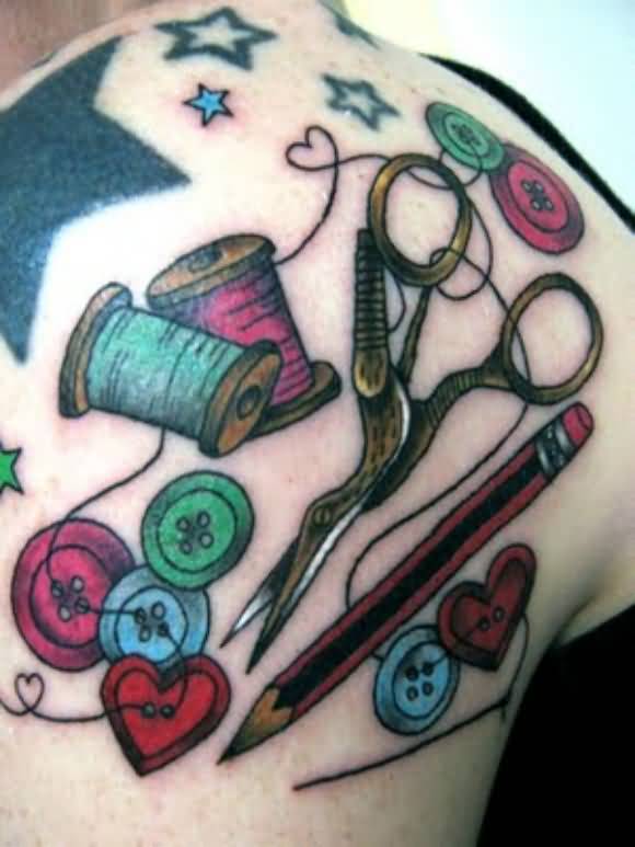 Spool And Craft Tattoo on Left Shoulder