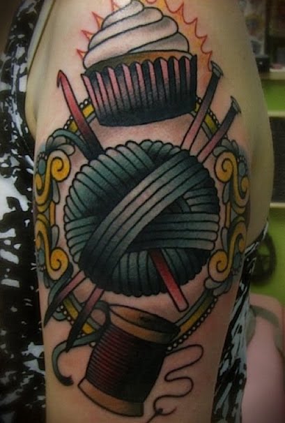 Spool And Yarn Craft Tattoo On Half Sleeve