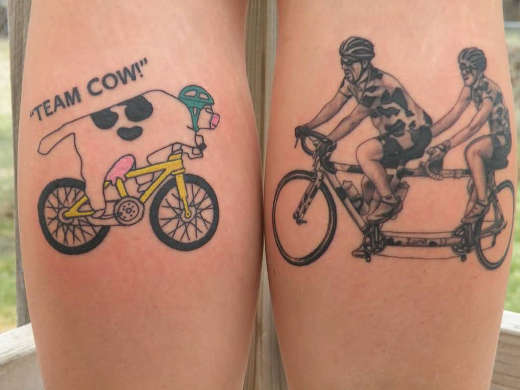 Two Cyclists And Cow Riding Cycle Tattoo On Both Legs