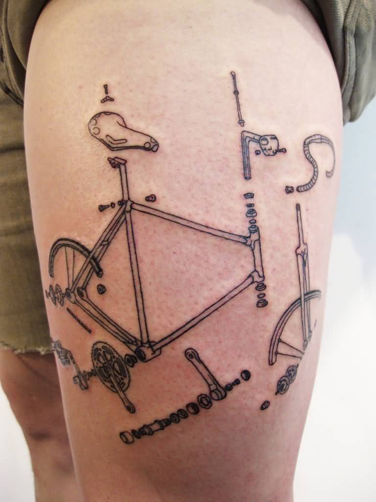 Very Nice Cycle In Parts Tattoo On Thigh