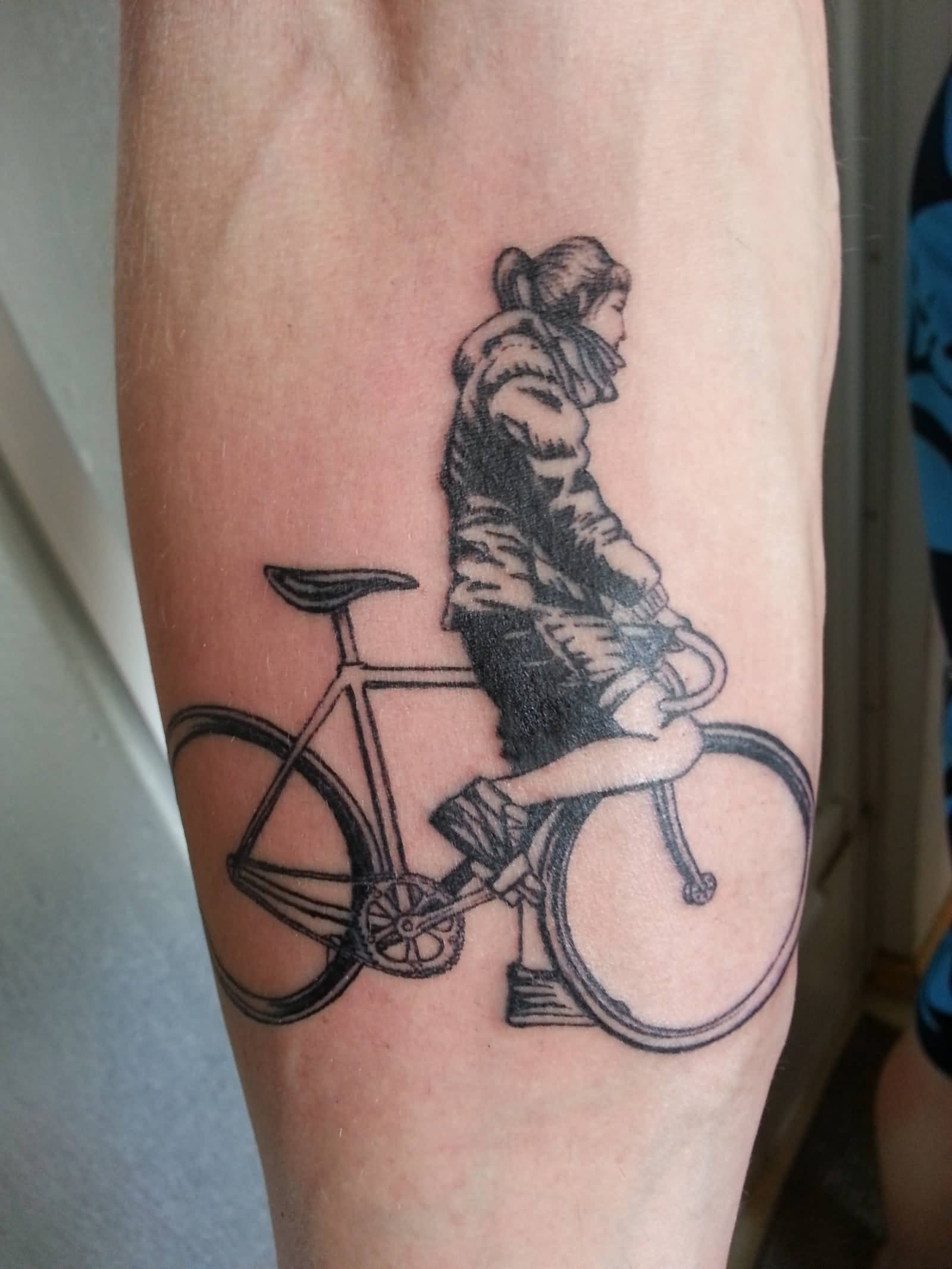 Very Nice Girl Riding Cycle Tattoo On Forearm