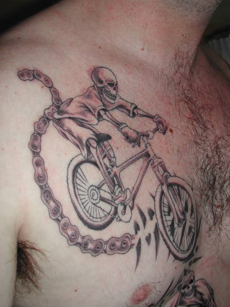 Very Nice Skeleton Riding Cycle Tattoo On Chest For Men