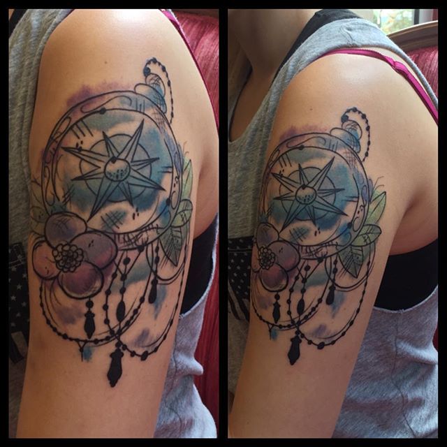 Watercolor Craft Tattoo On Left Shoulder