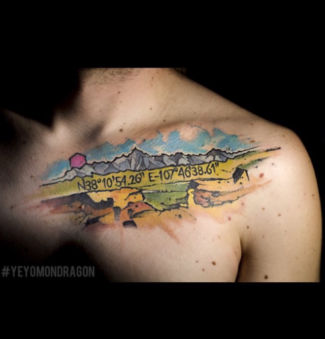 Watercolor Mountains Scene Tattoo On Chest By Yeyo Mondragon