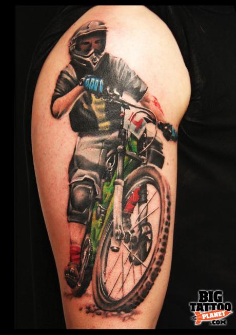 Wonderful 3D Cyclist Riding Cycle Tattoo On Left Half Sleeve