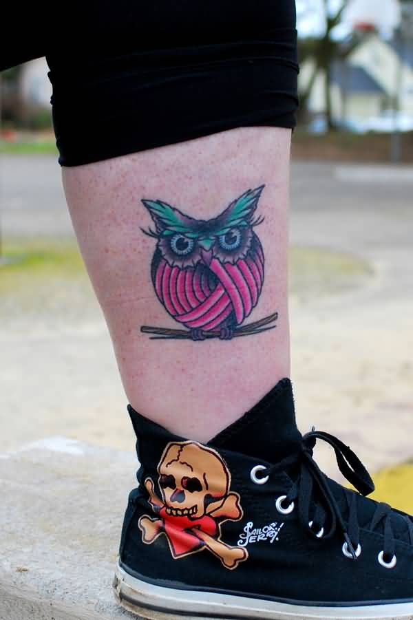 Yarn Owl Craft Tattoo On Leg