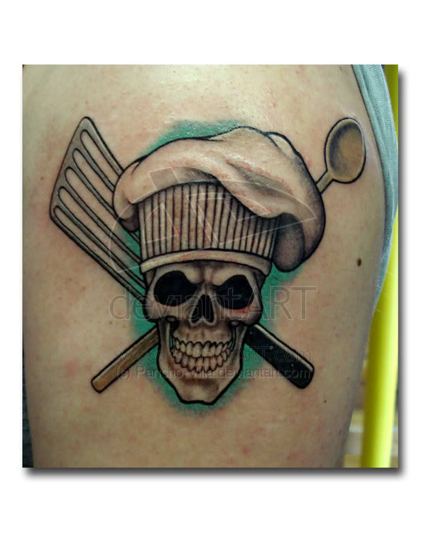 Beautiful Chef Skull With Crossed Spoons Tattoo