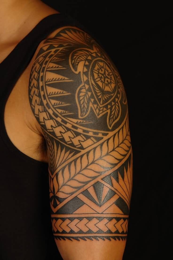 Black Tribal Samoan Tattoo On Left Half Sleeve