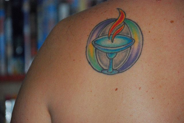 Colored Chalice Tattoo On Left Back Shoulder