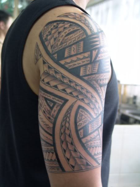 Grey And Black Ink Samoan Tattoo On Half Sleeve