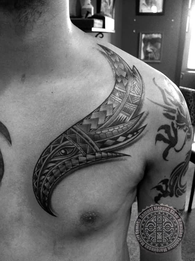 Grey And Black Samoan Tattoo On Left Chest