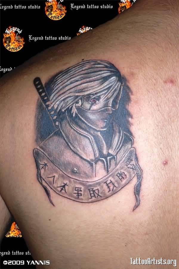 Kakashi Portrait Tattoo On Left Back Shoulder