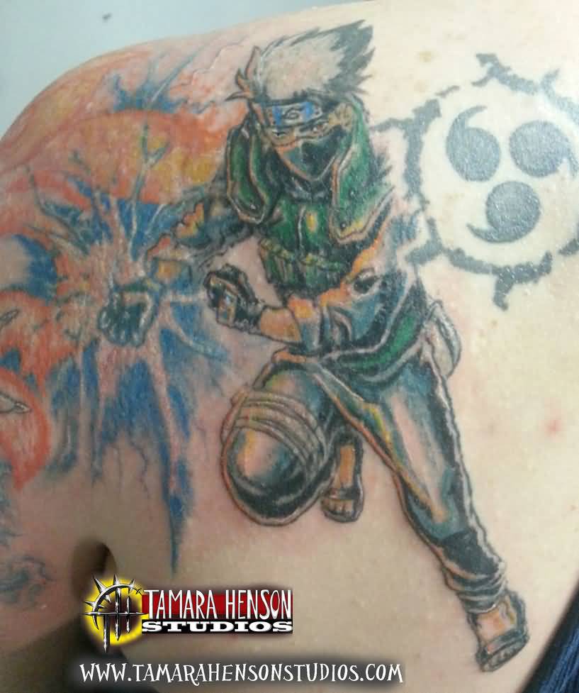 Kakashi Tattoo On Left Back Shoulder by Briescha