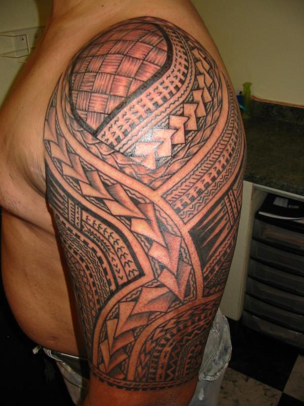 Left Half Sleeve Grey Ink Samoan Tattoo