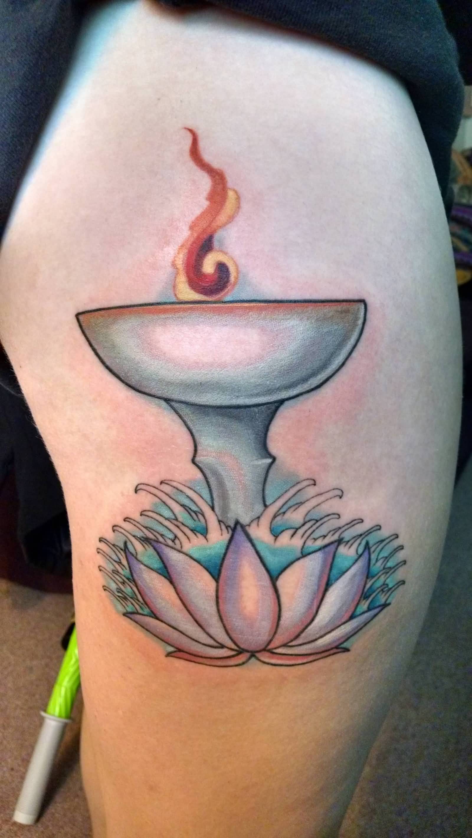 Lotus Flower And Universal Chalice Tattoo On Side Thigh