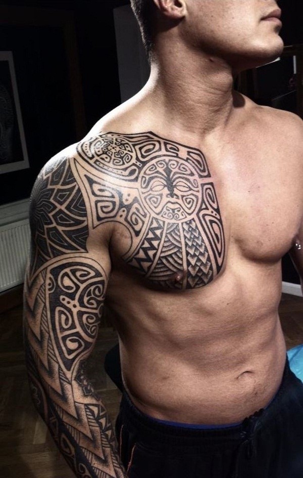 Samoan Tattoo On Chest And Right Sleeve