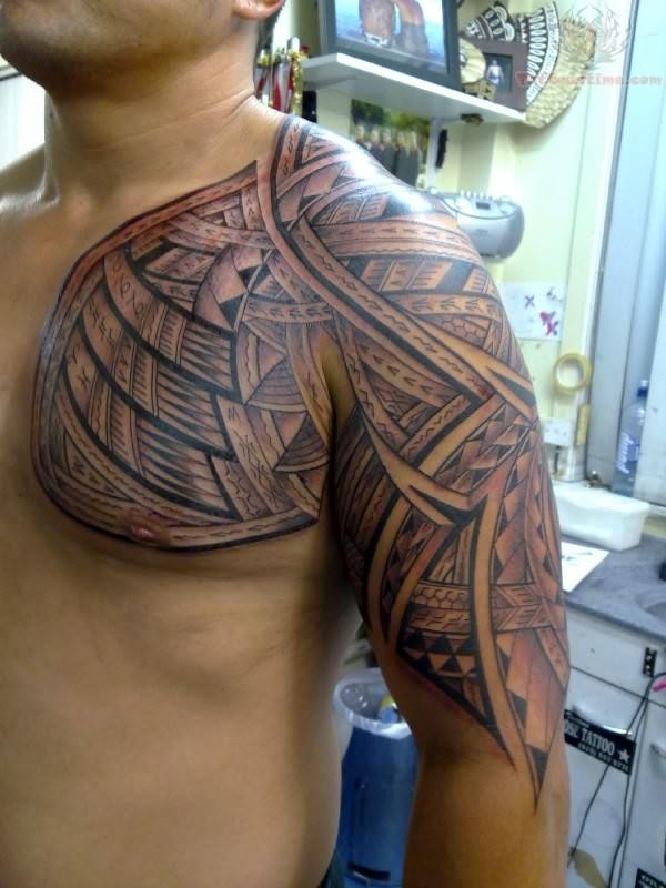 Samoan Tattoo On Half Sleeve And Front Shoulder