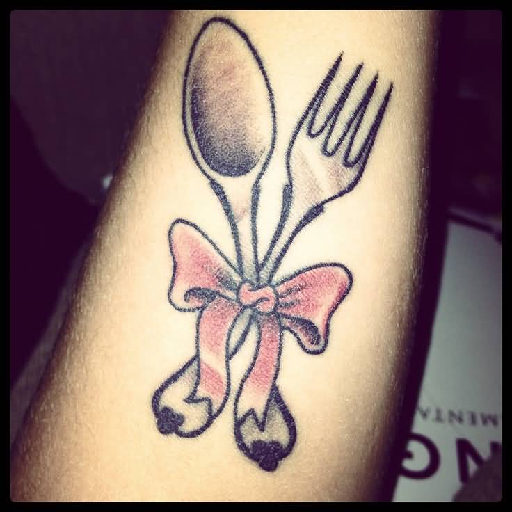 Simple Fork And Spoon Tied With Ribbon Tattoo On Forearm