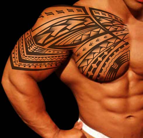 Tribal Samoan Tattoo On Chest And Shoulder