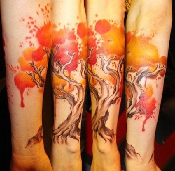 Watercolor Fall Tree Tattoo On Forearm