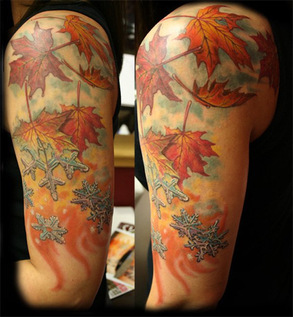 Wonderful Falling Leaves With Snowflakes Fall Tattoo