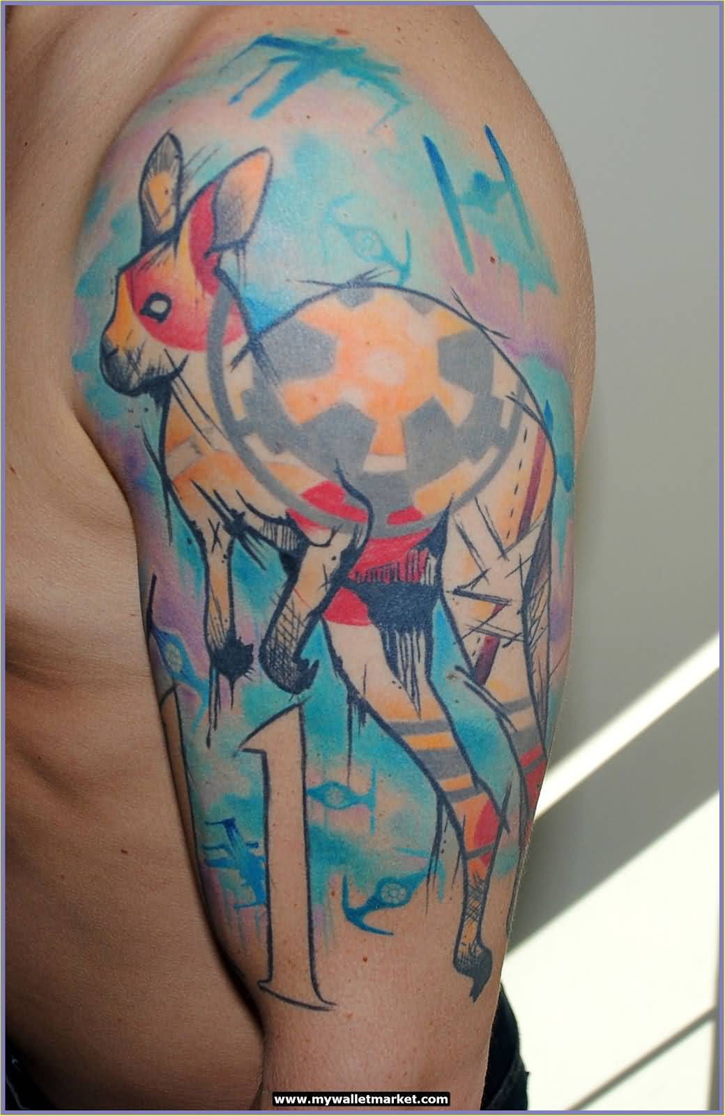 Beautiful Kangaroo Watercolor Tattoo On Left Half Sleeve