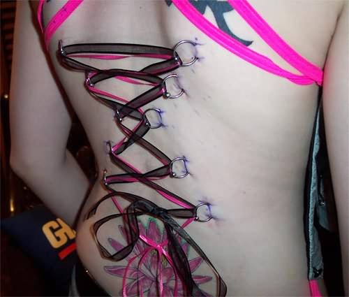 Pink And Black Ribbon Corset Piercing For Girls