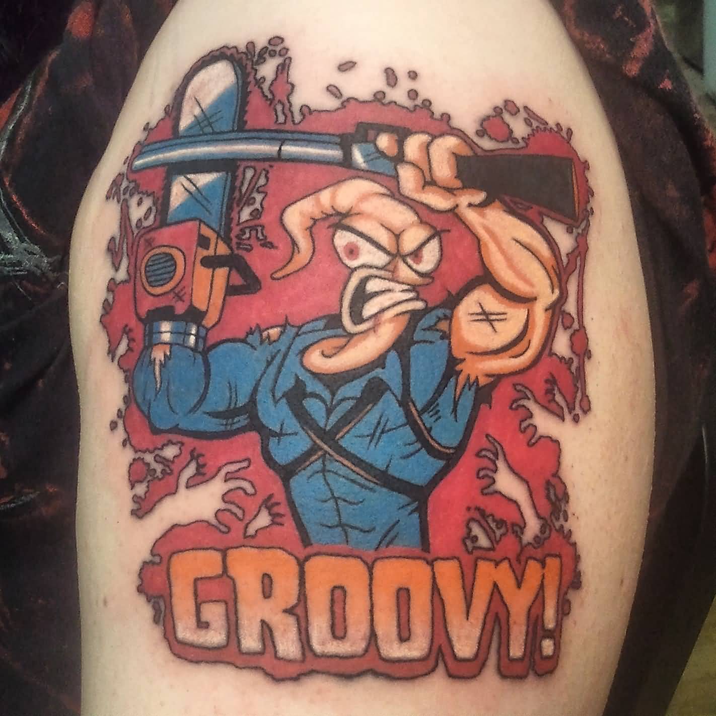 Awesome Earthworm Jim Ash Mashup Color Tattoo On Left Shoulder By Joe Charles