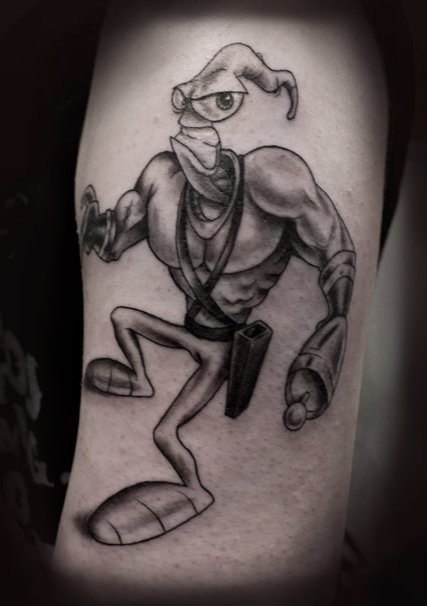 Black And White Angry Earthworm Jim Tattoo