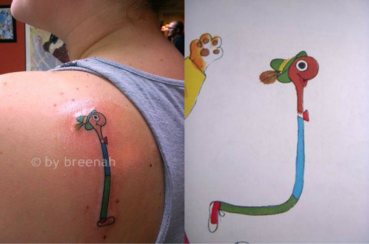 Cute Small Cartoon Worm Wearing Hat And Shoe Tattoo On Left Back Shoulder