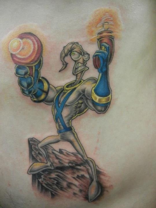 Lovely Earthworm Jim Holding Guns Tattoo Stencil