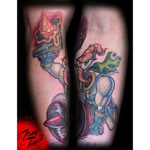 Lovely Earthworm Jim On Pocket Rocket Color Tattoo By tonytouchtat2