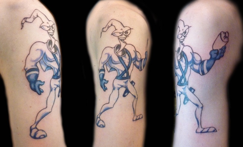 Nice Earthworm Jim Tattoo On Right Half Sleeve