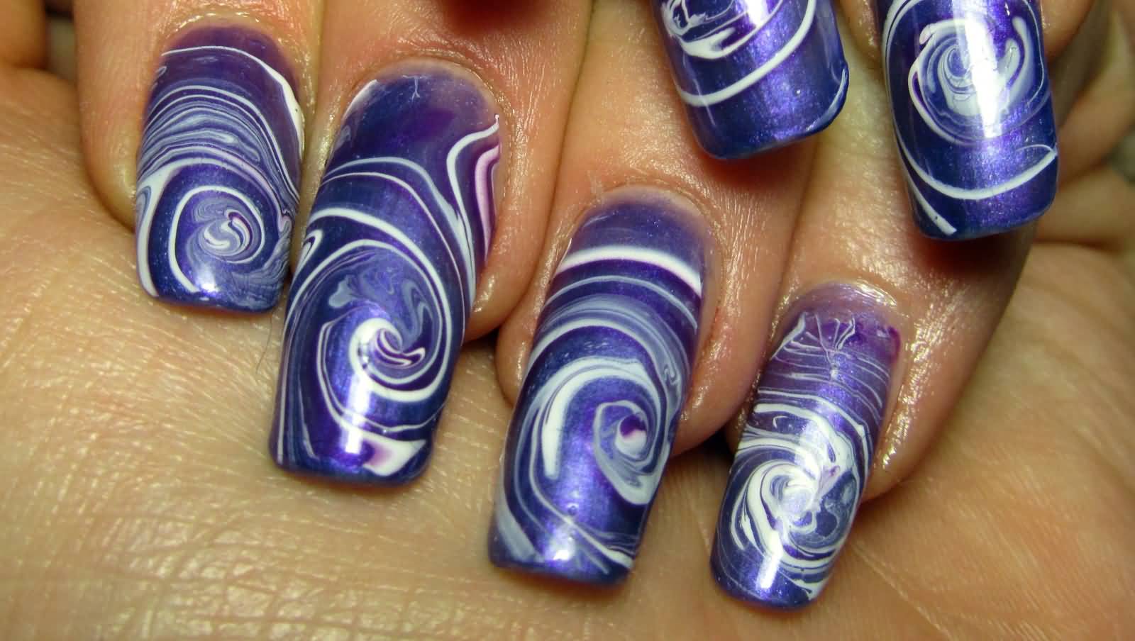 Read Complete Purple Spiral Water Marble Nail Art