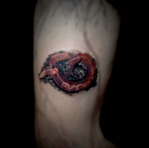 Realistic Earthworm Color Tattoo