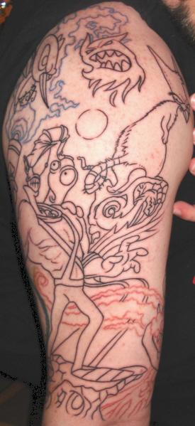 Very Nice Colorless Earthworm Jim Tattoo On Right Half Sleeve