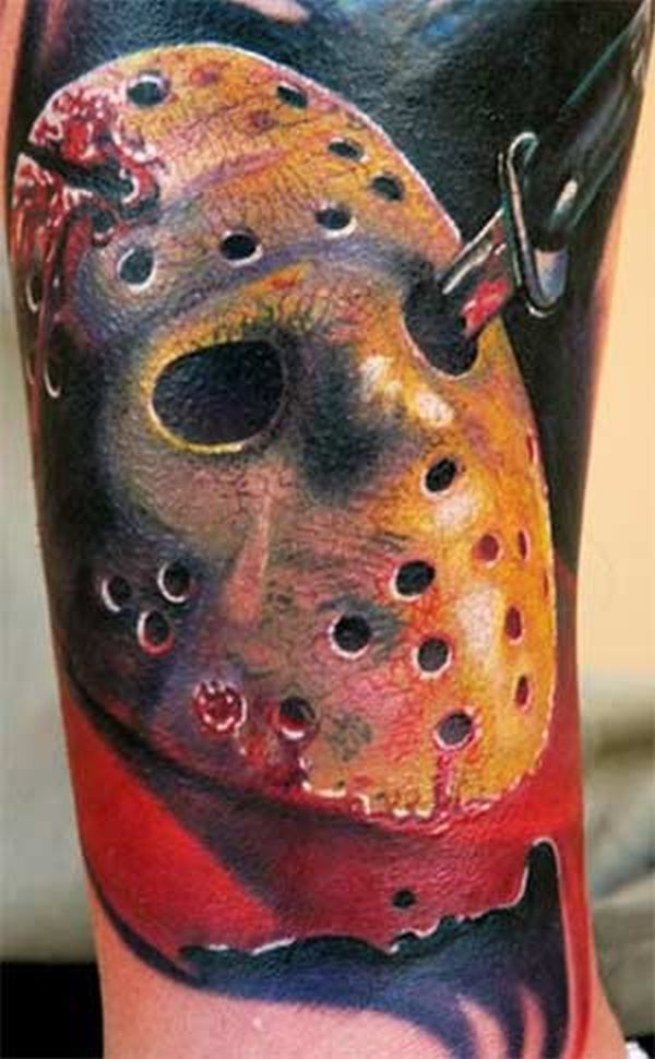 Wonderful Knife In One Eye Of Jason Mask Tattoo