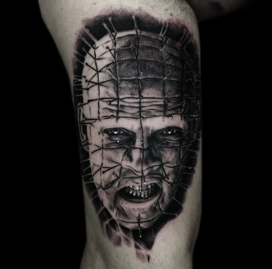 Black And Grey Angry Pinhead Tattoo By Disse86