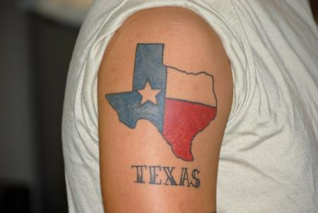 Texas Flag On Map Tattoo On Right Shoulder