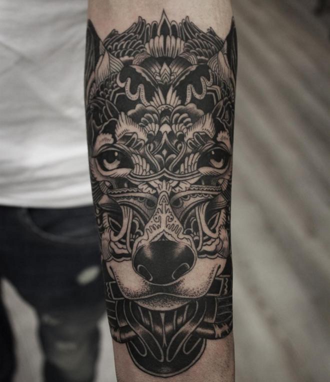 Awesome Mosaic Wolf Face Tattoo On Forearm By Dave Santos