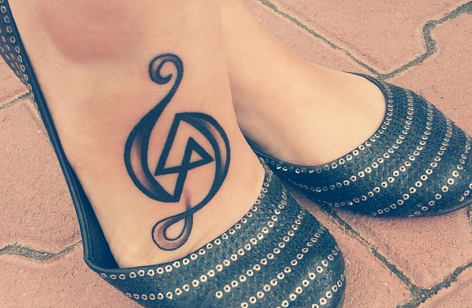 Lovely Linkin Park And Treble Clef Tattoo On Foot