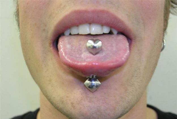 Mouth Tongue Piercing With Silver Barbell