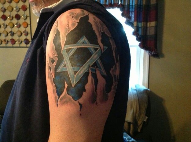 Amazing 3D David Star Left Shoulder Tattoo For Men