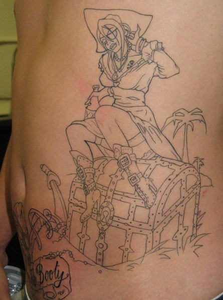 Amazing Pirate Girl On Box Tattoo On Side Of Stomach