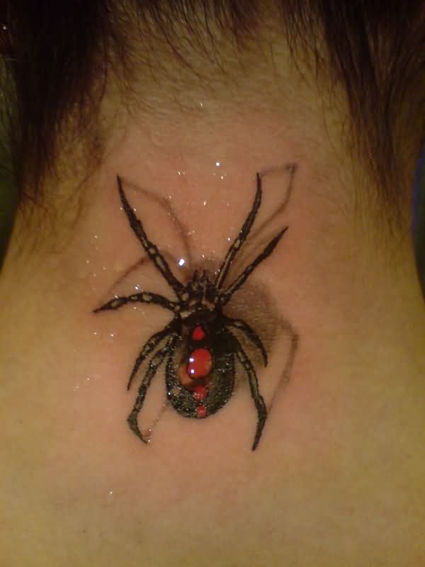 Amazing Realistic Latrodectus Spider Tattoo On Nape